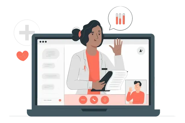 Dibujo de mujer haciendo consulta virtual
